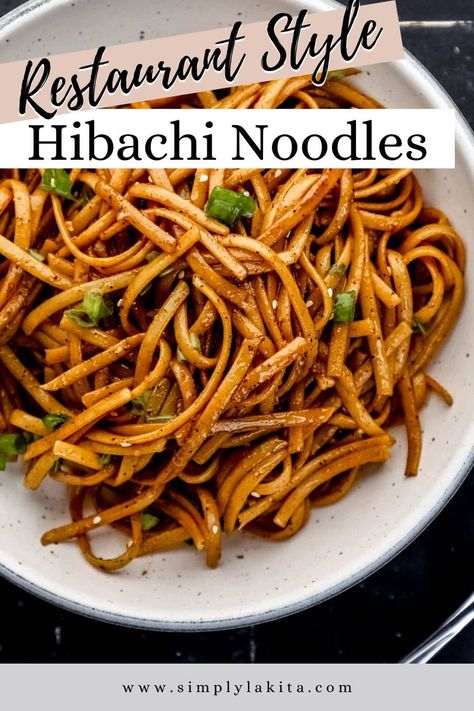 Hibachi Noodles is a restaurant favorite made with buttery noodles, garlic, soy sauce, oyster sauce, and Worcestershire sauce. The perfect balance of Asian flavors in once delicious side dish. Pair it with your favorite hibachi protein and vegetables for a filling dinner. simplylakita.com #hibachinoodles Hibachi Noodle Recipe, Garlic Noodles Recipe Asian Oyster Sauce, Hibachi Noodles With Chicken, Japanese Fried Noodles Recipe, Easy Habatchi At Home, Hibachi Noodles On Blackstone, Hibachi Recipes Noodles, Easy Hibachi Noodles, Blackstone Hacks