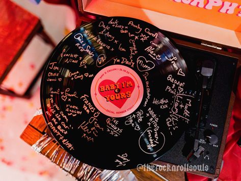 Add a unique twist to your guestbook by having your loved ones leave their names or messages on a custom vinyl record. This funky guestbook can be displayed or framed in your home as a cherished memento from your special occasion that will always make you smile. If you select the full set-up or record + sticker option please note that the vinyl record may have light scratches / scuff marks as these are rescued from landfill to help out planet! Set-Up Options: Full Set-Up: 1x Vinyl record with a Record Guest Book, Quirky Wedding Ideas, Rock And Roll Wedding, Record Sticker, Punk Rock Wedding, Weird Wedding, Custom Vinyl Record, Music Wedding, Western Themed Wedding