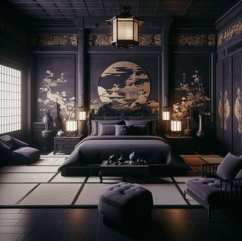 Japanese Luxury Bedroom, Japanese Mansion Bedroom, Dark Japanese Bedroom, Chinese Inspired Bedroom, Luxurious Bedrooms Master Modern, Asian Themed Bedroom, Luxurious Bedrooms Master, Japanese Mansion, Japanese Inspired Bedroom