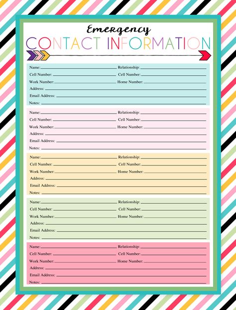 Printables Organizational, Emergency Contact Form, Emergency Contact List, Simple Camping, Organizational Printables, Emergency Binder, Family Binder, Contact Sheet, Phone Template