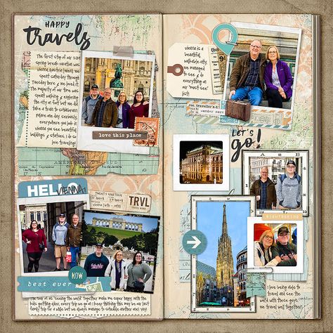 Travelogue Ideas Layout, Travelogue Ideas Layout Aesthetic, Travel Scrapbooking Ideas Layout, Adventure Journal Ideas Travel Scrapbook, Travel Photo Book, Travel Journal Photos, Travel Journal Ideas, Vienna Travel Journal, Scrapbook Journal Travelling