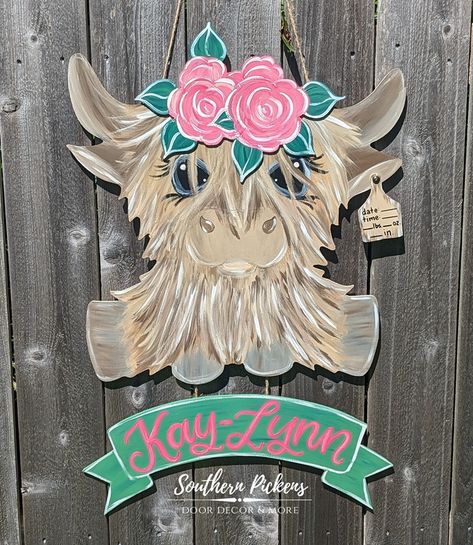 Another Highland Cow baby girl door hanger is out the door! This has been the biggest baby door hanger seller so far this year. I guess it's the year of the Highlands ❤️ Miss Kay-Lynn is ready to make her grand entrance into the world! 🌸 #highlandcow #highlandbaby #babydoorhanger #babygirl #babycow Cow Hospital Door Hanger, Baby Girl Door Hanger, Baby Door Hanger, Highland Cow Baby, Hospital Door Hangers, Baby Door Hangers, Baby Highland Cow, Baby Door, Hanger Decor