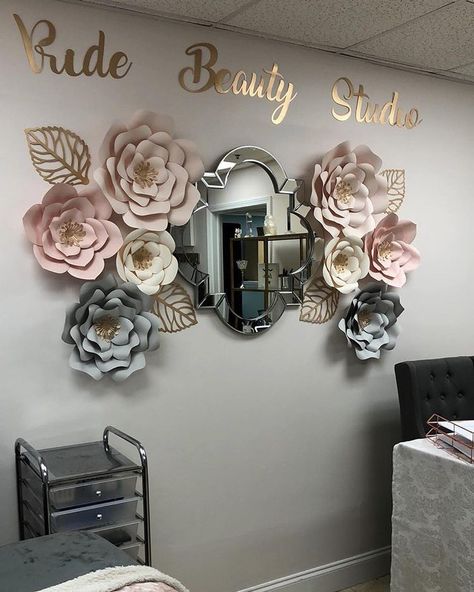 Absolutely love the way my amazing client @pride_beauty_studio set up the flowers I made for her beauty studio!! 💕 #paperflowersbyirene… Esthetician Room Decor, Esthetician Room, Home Nail Salon, Nail Salon Decor, Nail Salon Design, Lash Room, Paper Flower Wall Decor, Paper Flower Decor, Nail Room