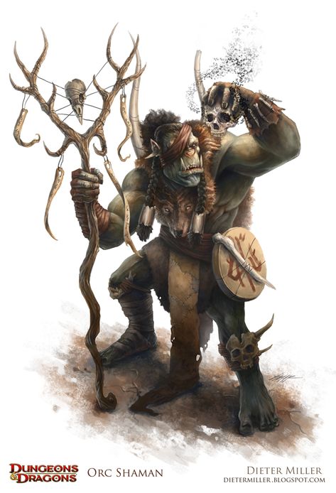 Dieter Miller Illustration: Orc Shaman - D Art Test Entry Orc Shaman Art, Shaman Staff, Orc Shaman, Dnd Orc, Art Test, Pathfinder Character, D D Monsters, Heroic Fantasy, The Elder Scrolls