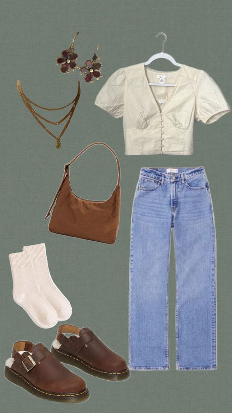 #trendy #summer #spring #cottagecore #cabincore #cottage #granola #granolagirl #farmersmarket #cream #brown #docmartens #jeans #blouse #baggu Spring Cottagecore, Jeans Blouse, Cabin Core, Granola Girl, Doc Martens, Dream Clothes, Granola, Cottage, Spring Summer