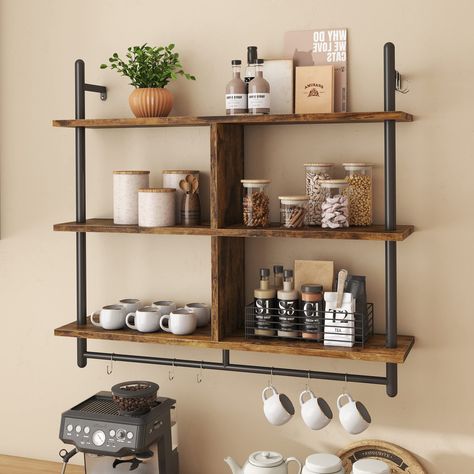 PRICES MAY VARY. [Widely Used]- This industrial design kitchen floating shelves is constructed of heavy duty vintage pipe & chunky wood boards, which will be an attractive decoration for modern & retro home style. Suitable for living room, bathroom, bedroom, kitchen, coffee bar, wine bar, toilet, laundry room, garage & farmhouse. [Wall-Mounted Design]- This wall-mounted kitchen wall shelf will not take up too much space by being mounted on the wall. The 3-tier open shelf can meet your storage ne Wall Shelves For Coffee Cups, In Wall Storage Kitchen, Mug Shelf Display Tall, Kitchen Utensils Wall Rack, Shelves For Plates Display, Open Shelf Kitchen Canisters, Shelves Over Kitchen Sink Industrial, Coffee Mug Shelf With Hooks, Kitchen Shelf Stying