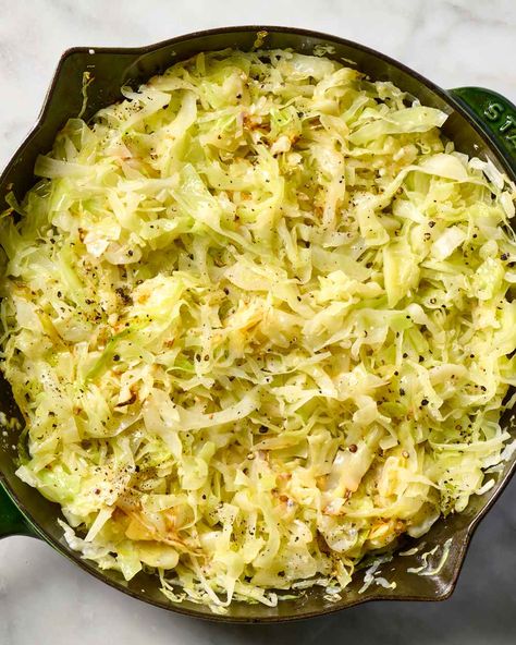 overhead shot of cacio e pepe sauteed cabbage in a green skillet Sauteed Swiss Chard Recipes, Sautéed Cabbage, Cabbage Side Dish, Sauteed Cabbage, Pecorino Romano Cheese, Salmon Potato, Pecorino Romano, Cabbage Recipe, Lasagna Pasta