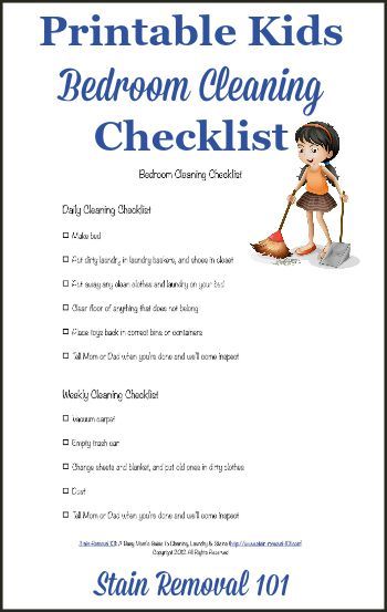 Free printable kids bedroom cleaning checklist so you can set easy to understand expectations for your child, and stop the cleaning wars. {on Stain Removal 101} Bedroom Cleaning Checklist, Bedroom Cleaning, Twin Nursery, Kids Cleaning, Deep Cleaning Tips, Clean Bedroom, Printable Kids, Chores For Kids, Mia 3