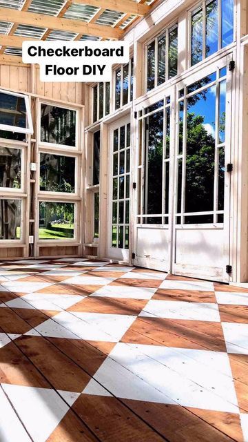 Painted Checkerboard Floor, Diy Checkerboard, Checkered Floor Kitchen, Porch Wood, Just Go For It, Checkerboard Floor, Rustic Wooden Table, Home Cottage, Painted Floor