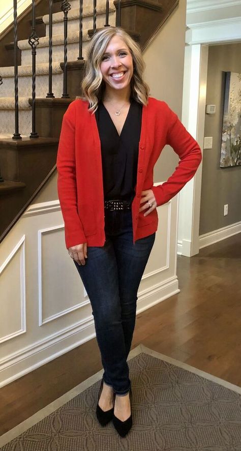 How To Style A Red Top, Red Cardigan Outfit Fall, Red Cardigan Outfit, White Top And Blue Jeans, Teaching Clothes, Red Sweater Outfit, Cardigan Fall Outfit, Blue Shirt With Jeans, 2023 Outfits