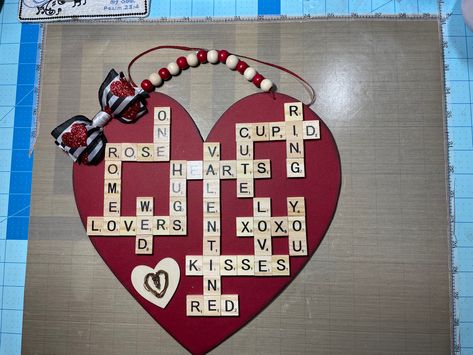 Scrabble letters, wood heart, beads, bow, jute Valentine Scrabble Crafts, Craft Hearts, Twine Crafts Diy, Valentine Craft Decorations, Scrabble Tile Crafts, Craft Letters, Scrabble Crafts, Scrabble Words, Twine Crafts