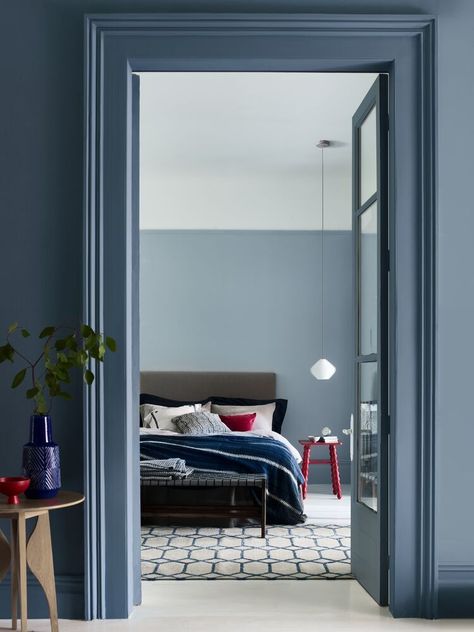 Blue And Red Bedroom, Cosy Bedroom Inspirations, Two Tone Walls, Red Bedroom, Colour Story, Cosy Bedroom, Dulux Heritage, Table Lights, Bedroom Red