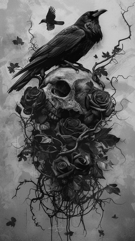 Skulls And Raven Tattoo, Raven Skull Wallpaper, Crow And Rose Tattoo, Raven Wallpaper Aesthetic, Wallpaper Iphone Skull, Raven And Skull Tattoo, Raven Art Dark, Skeleton Art Dark, Black Roses Tattoo