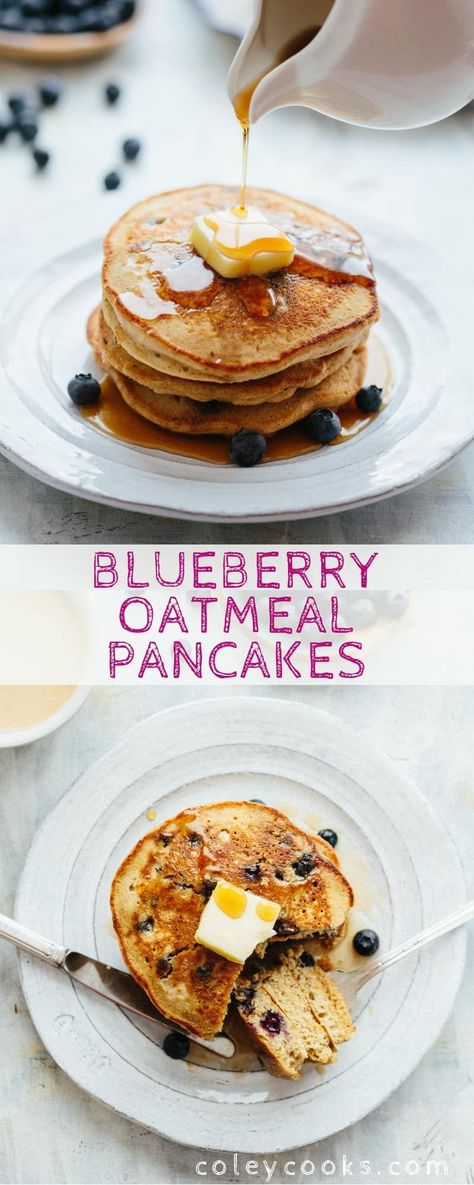 These blueberry oatmeal pancakes are light, fluffy, gluten free, dairy free optional, loaded with fresh juicy blueberries and taste absolutely delicious! #easy #glutenfree #blueberry #pancake #recipe #breakfast | ColeyCooks.com Blueberry Oatmeal Pancakes, Oatmeal Pancakes Recipe, Blueberry Oat, Blueberry Oatmeal, Healthy Blueberry, Oat Pancakes, Oatmeal Pancakes, Easy Blueberry, Pancakes Healthy