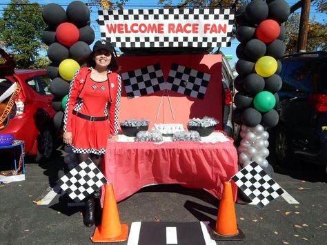 Halloween Trunk or treat 2015..Race car theme..created this for my daughter school Easy Trunk Or Treat Ideas, Easy Trunk Or Treat, Halloween Trunk Or Treat, Nascar Costume, Church Trunk, Halloween Block Party, Trunk Or Treat Ideas, Race Car Themes, Derby Ideas