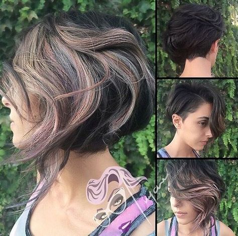 Credit Short Asymmetrical Haircut, Bob Balayage, Short Balayage, Balayage Hair Blonde Short, Balayage Hairstyles, Asymmetrical Haircut, Hot Hair Colors, Different Hair Colors, Brunette Balayage Hair