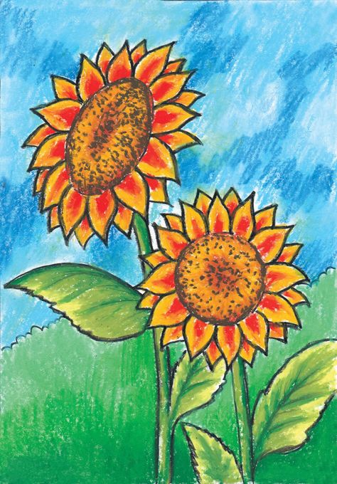 Flower Scenery Drawing, Sunflower Drawings, Holi Drawing, Acrylic Painting For Kids, Easy Scenery Drawing, Two Rabbits, Eating Carrots, Oil Pastel Drawings Easy, Oil Pastel Colours