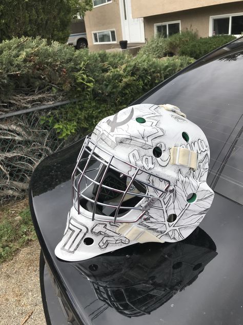 Mask painted to look like a drawing Hockey Helmet Design Goalie Mask, Goalie Helmet Design, Hockey Goalie Helmet Designs, Goalie Mask Designs, Helmet Painting, Goalie Gear, Nhl Wallpaper, Hockey Helmet, Goalie Pads