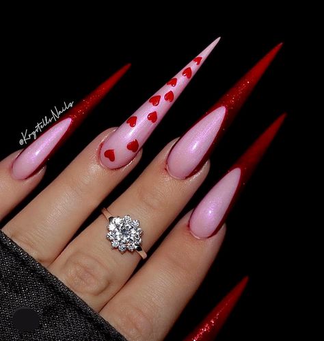 Goth Valentines Nails, Stelito Nails, Stephs Nails, Simple Stiletto Nails, Stiletto Nail Design, Goth Valentines, Nail Details, Gem Nail Designs, Glitter Furniture