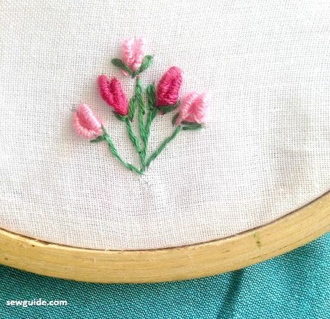 Two bullion knots are arranged together to look like a flower bud Surface Ornamentation, Bullion Knot, Bullion Embroidery, Brazilian Embroidery Stitches, Fabric Stitching, Easter Embroidery Designs, Design Motifs, Simple Embroidery Designs, Easter Embroidery