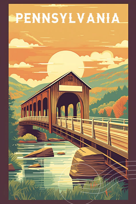 Travel Poster Illustration, Pennsylvania Aesthetic, Usa Landmarks, Cool Poster Designs, Vintage Postcards Travel, State Posters, Travel Art Journal, Vintage Poster Design, Usa States