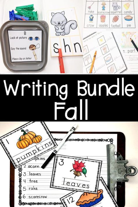 This kindergarten and first grade writing bundle resource showcases three writing activities. There is Write the Room Fall, Writing Center Fall and Fine Motor Skills Fall. These writing activities can be placed into a Writing Center or be done during small group instruction. The activities include handwriting, labeling pictures, word cards with pictures, writing prompts, books and using clothespins and beads to strengthen fine motor. 1st Grade Centers, Writing Center Kindergarten, Cards With Pictures, Fall Writing, Circle Time Activities, First Grade Writing, Write The Room, Kindergarten Centers, Small Group Instruction