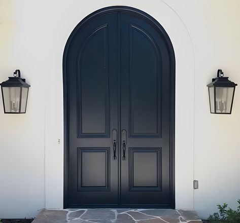 Embrace the artistry of architectural splendor with our Modern French Arched Solid Double Entry Doors, a lavish addition that adds an unmistakable touch of luxury to your residence. Made in the USA Extior Doors, Large Arched Front Door, Arched French Doors Exterior Entrance, Arched Doors Entrance, Arched Entry Door, Black Doors Hallway, Front Door No Windows, Double Exterior Doors Front Entry, Double Entry Front Doors