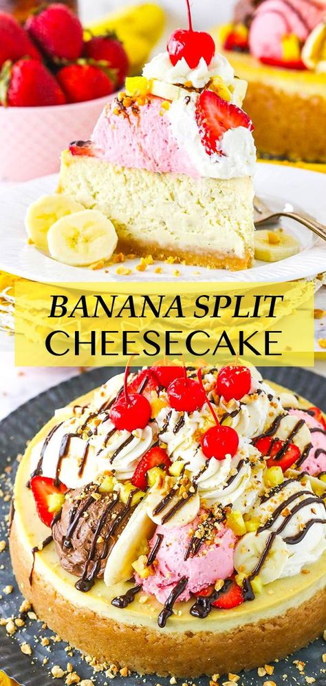 This Banana Split Cheesecake is a banana cheesecake topped with chocolate, vanilla and strawberry whipped cream “ice cream” scoops! It’s then topped with whipped cream swirls, sliced bananas, pineapple, nuts and chocolate sauce! It’s truly like eating a banana split in cheesecake form! SO darn fun! Banana Cheesecake Cake, Banana Split Cheesecake Recipes, Summer Cheesecake Flavors, Unique Cheesecake Ideas, Banana Split Cookies, Banana Split Ideas, Cheesecake Ideas Creative, Goth Desserts, Cheesecake Topping Ideas