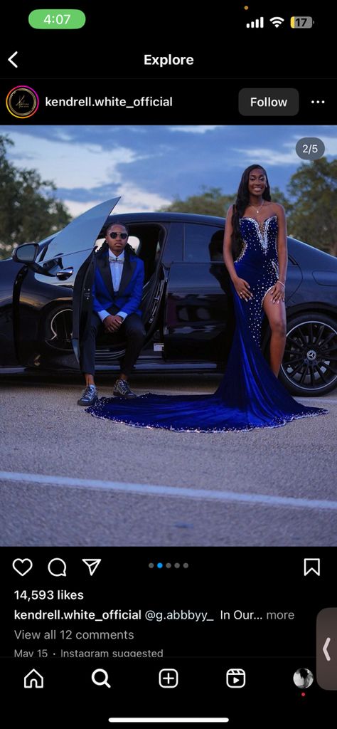 Royal Blue And Grey Prom Couple, Navy Blue Prom Dresses Black Women, Blue And Silver Prom Dress, Dark Blue Prom Dress Black Women, Blue Prom Ideas Black Couples, Blue Prom Dress Black Women, Blue Prom Black Couple, Sky Blue Prom Dress Black Couple, Royal Blue Prom Couple