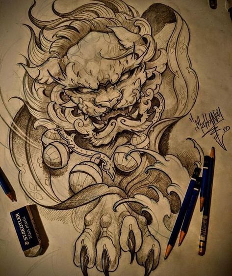 Japanese Foo Dog, Foo Dog Tattoo Design, Samurai Tattoo Sleeve, Dogs Tattoo, Foo Dog Tattoo, Japanese Tattoo Symbols, Maori Tattoos, Japanese Dragon Tattoos, Japan Tattoo Design