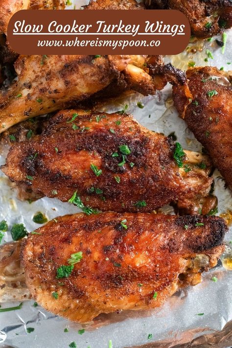 Delicious slow cooker turkey wings recipe! Perfect for #dinnerideas #foodie #easyrecipes #homemade #yum #slowcooker #tasty #foodpics #familymeal #flavorful #weeknightmeal #instafood #delish #loweffort #comfortfood 🍗😋 Turkey Wing Recipes Crockpot, Crockpot Turkey Wings, Slow Cooker Turkey Wings, Wings Recipe Crockpot, Wings Slow Cooker, Slow Cook Turkey, Bake Turkey Wings Recipe, Turkey Wings Recipe, Smothered Turkey Wings