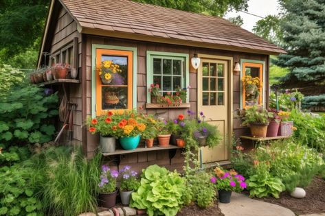 Garden Shed Kits, Cottage Garden Sheds, Shabby Chic Garden, Backyard Sheds, Purple Garden, English Cottage Garden, Potting Sheds, She Sheds, Shed Design