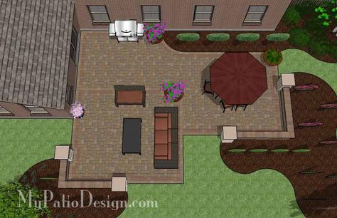 Fun Family Patio Design with Fire Pit | Download Plan – MyPatioDesign.com Corner Patio Ideas, Patio Plan, Patio Blocks, Patio Installation, Patio Plans, Patio Layout, Concrete Patios, Patio Pavers Design, Patio Pavers