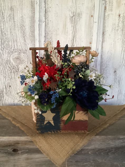 Patriotic Flower Arrangements, Wood Carrier, Patriotic Flowers, Church Altar, 4th July Crafts, Red Geraniums, Patriotic Decor, Americana Decor, July Crafts