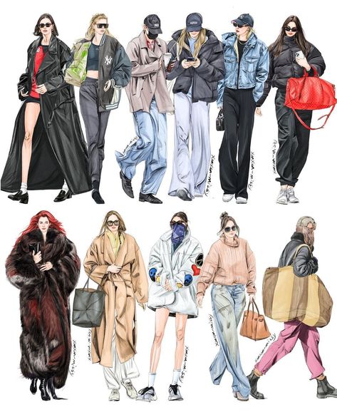 Streetwear Collection Illustration, Street Style Drawing, Fashion Outfits Illustration, Street Fashion Illustration, Fashion Outfits Drawing, December Illustration, Fashion Publication, Sketching Aesthetic, Outfits Illustration