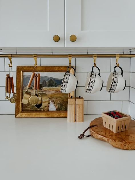 Tension Rod Kitchen Storage, Under Cabinet Hanging Rod, Kitchen Utensil Rod, Curtain Rod Kitchen Storage, Tension Curtain Rods Ideas, Brass Tension Rod, Tension Rod Organization Ideas, Hanging Rod In Kitchen, Hang Kitchen Utensils