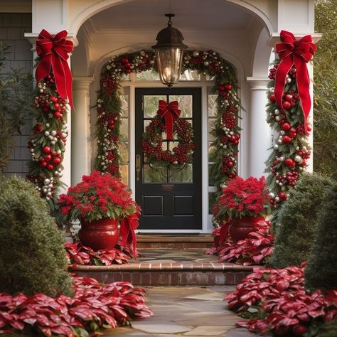 Christmas Decor Ideas Wreaths & Garlands, Christmas Porch Columns Decorating Ideas, Front Entrance Christmas Decor, Christmas Entrance Decor, Christmas Front Door Decor Entrance, Easy Outdoor Christmas Decorations, Tropical Xmas, Christmas Entrance, Christmas Porches