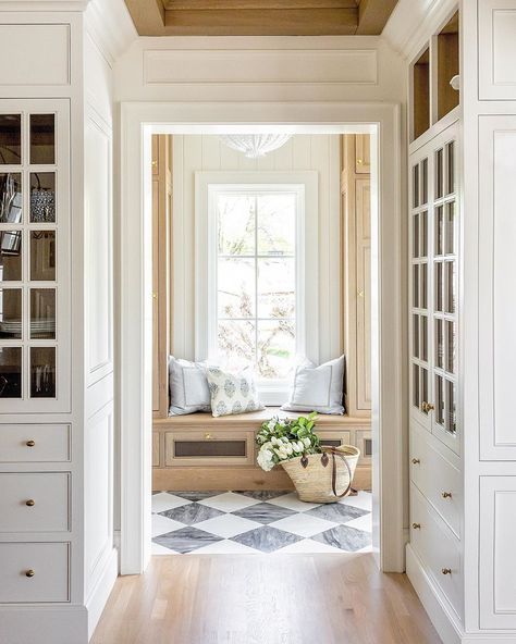 Kitchen to mudroom transition⁠ GOALS ✨ Such a gorgeous space by @the_fox_group Designer:@the_fox_group_⁠ Photographer: @@lindsay_salazar_photography⁠ /// Style Me Pretty Living, Checkerboard Floor, Mudroom Design, Pool Design, Design Del Prodotto, Home Design Decor, Window Seat, White Cabinets, Cheap Home Decor