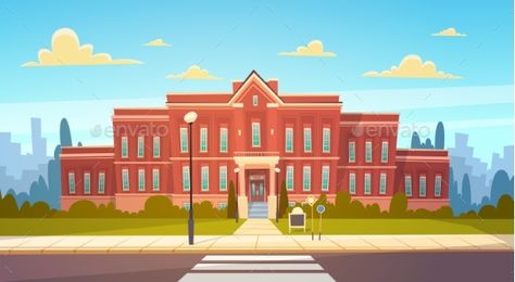 Modern School Building Exterior with Crosswalk Music Land, Animation Schools, School Illustration, Illustration Art Kids, Building Sketch, School Cartoon, Presentation Backgrounds, Building Illustration, Flat Vector Illustration