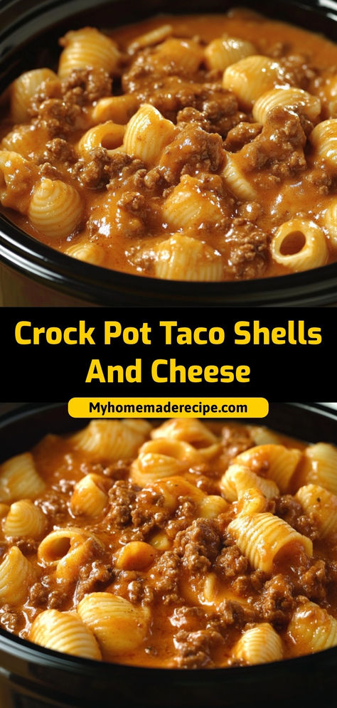 This Crock Pot Taco Shells and Cheese is a creamy, cheesy, and taco-flavored pasta dish that’s easy to prepare in the slow cooker. Perfect for a family-friendly meal!  Ingredients:  1 lb ground beef 1 packet taco seasoning 8 oz pasta shells This creamy taco pasta is the ultimate comfort food with a twist! Crock Pot Taco Shells And Cheese, Taco Shells And Cheese, Soft Taco Shell Recipe, Creamy Taco Pasta, Mac N Cheese Crockpot, Velveeta Shells And Cheese, Taco Shell Recipe, Shells And Cheese, Food With A Twist