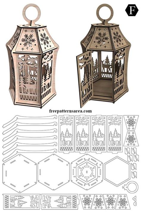 Festive DIY: Laser Cut Wooden Lantern Pattern for Christmas Diy Wood Decor, Lézervágott Fa, Lantern Pattern, Lantern Template, 3d Templates, Wooden Lantern, Laser Cut Decor, Diy Laser Cut, Laser Cut Wood Crafts