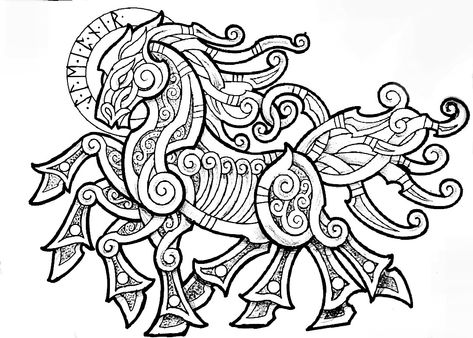 Nordic Cat Tattoo, Yggdrasil Tattoo Vikings, Sleipnir Tattoo, Tattoo Ornament, Yggdrasil Tattoo, Celtic Tattoos For Men, Viking Knotwork, Celtic Animals, Norse Mythology Tattoo