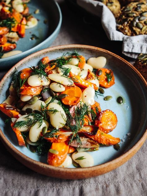 Olive Muffins, Carrot Butter, Shallot Butter, Dill Salad, Roasted Carrot, Beautiful Salad, Butter Beans, Roasted Carrots, Veggie Recipes