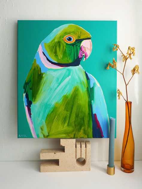 Bird Easy Painting, Colorful Birds Painting Acrylic, Painting Ideas On Canvas Animals, Simple Bird Painting, Easy Bird Painting, Parakeet Painting, Abstract Bird Painting, Canvas Paintings Abstract, Paintings Green