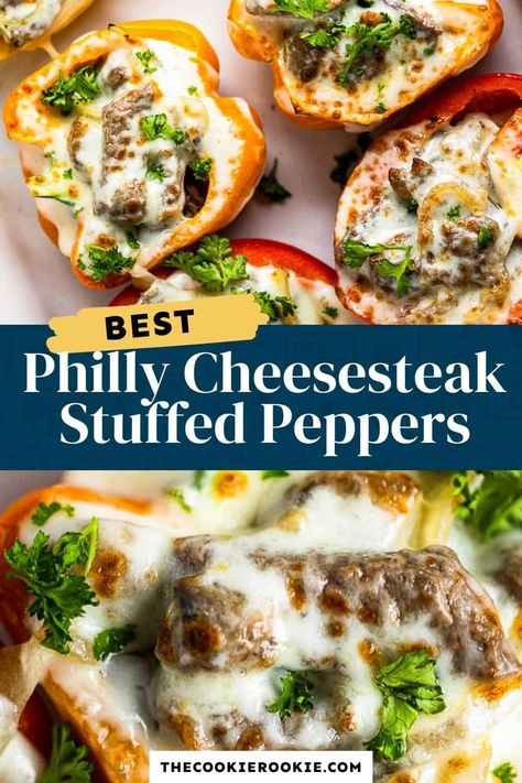 Philly Cheesesteak Peppers, Cheesesteak Peppers, Philly Stuffed Peppers, Philly Cheese Steak Stuffed Peppers, Stuffed Pepper Recipes, Philly Cheesesteak Stuffed Peppers, Best Philly Cheesesteak, Cheesesteak Stuffed Peppers, Pepper Recipes