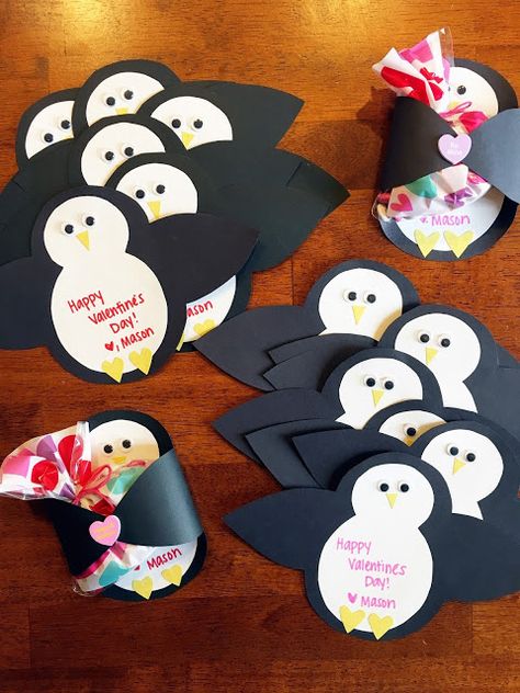 Penguin Valentine Craft, Penguin Valentines Day Boxes, Penguin Valentine Card, Penguin Valentines, Treats For Friends, Back To School Crafts For Kids, Hearts Paper Crafts, Valentine Card Box, Valentine's Day Treats