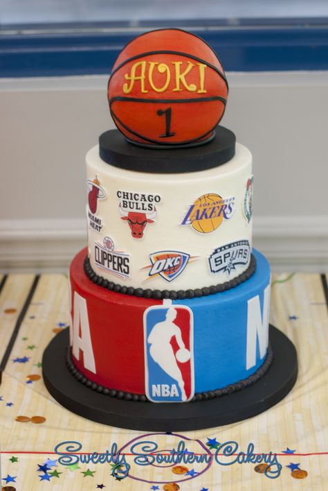 NBA first birthday cake with removable top tier smash cake Nba Basketball Cake, Birthday Cakes Basketball, 18th Birthday Cake Basketball, Basketball Cake Design Birthday, Basketball Tiered Cake, Birthday Cake Kids Boys, Basketball Birthday Cake, Basketball Theme Birthday, Basketball Theme Party