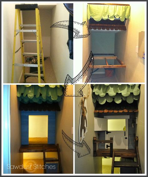 http://sewingandsanding.blogspot.com/2014/01/tour-of-fort.html Under Stairs Playhouse, Under Stairs Playroom, Closet Under The Stairs, Kids Nook, Room Under Stairs, Closet Under Stairs, Grandkids Room, Diy Playroom, Kids Forts