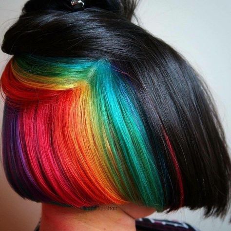 Hidden Neon Rainbow | 17 Secretly Bold Hair Colors You Can Actually Wear To Work Hidden Rainbow Hair, Hidden Hair Color, Trendy We Fryzurach, Underlights Hair, Hair Colorful, Bold Hair Color, Rainbow Hair Color, Multicolored Hair, Ombré Hair