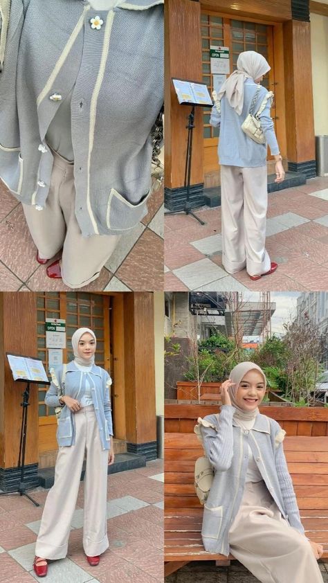 Blue Cardigan Outfit, Outfit Celana, Ootd Cardigan, Pengantin Modern, Outfit Ngampus, Blue Dress Outfits, Muslim Outfit, Outfit Hijab Casual, Ootd Hijab Casual